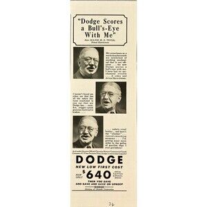 Dodge "Dodge Scores a Bull's Eye" says Major Trull a Marksman Vtg Print Ad 1936